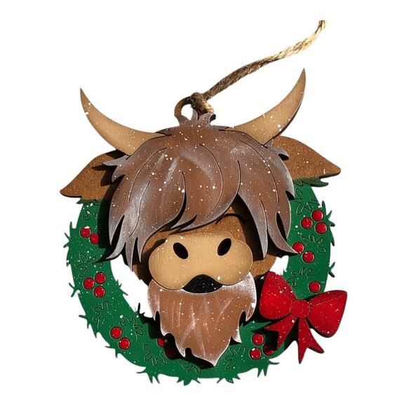 Handmade Whimsical Highlander Cow Wreath Santa Hat Hand Painted Wood Ornament - Picture 4 of 9
